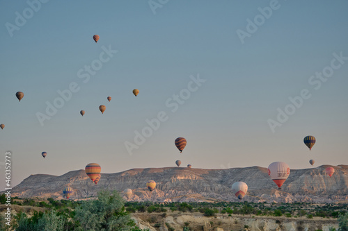 21.7.2021. Goreme Cappadocia, Turkey. Hot air balloons, Groups of of hot air balloon in Cappadocia, Urgup when sun rises and small hill.