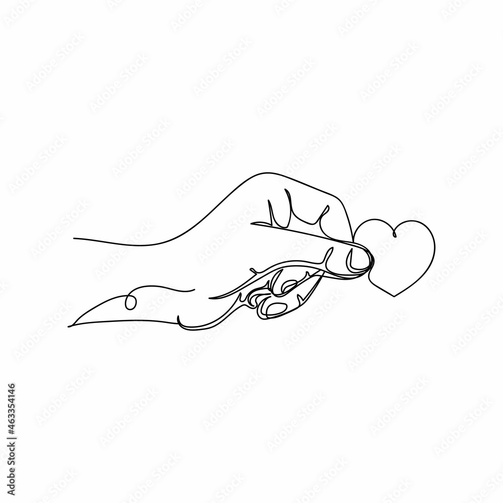 Continuous one single line drawing of hand holds heart love valentines day concept in silhouette on a white background. Linear stylized. Continuous one single line drawing of hand holds heart love valentines day concept in silhouette on a white background. Linear stylized.