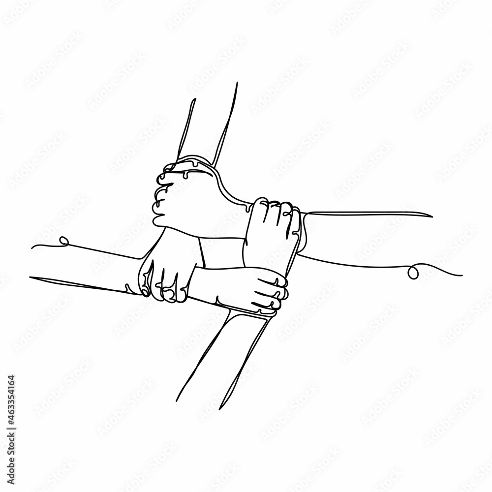 Continuous one single line drawing of people joining hands together in