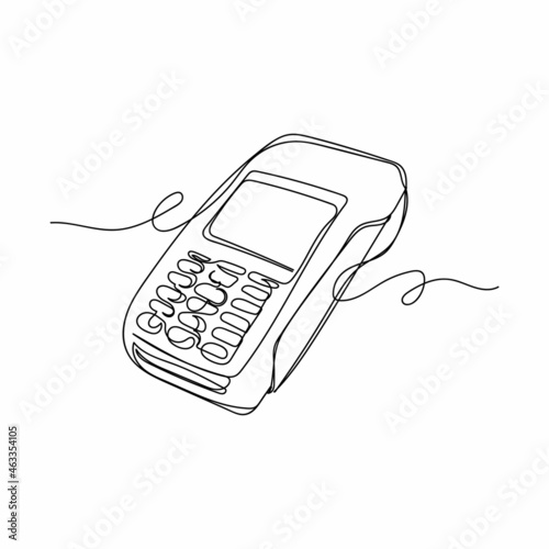 Continuous one single line drawing of pos payment terminal with gprs in silhouette on a white background. Linear stylized.