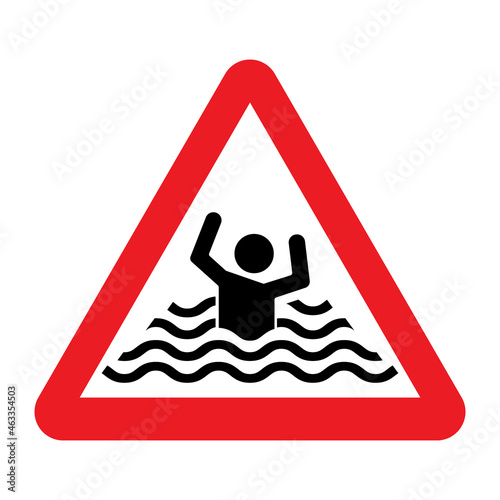 Risk of drowning warning sign. Vector illustration of red triangle sign with sinking man. Caution high water level. Deep ocean, sea and lake concept. Deep water symbol. Symbol used near water body. 