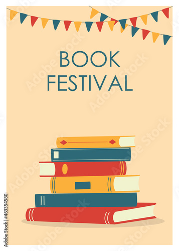Book festival template with stack of books. Vertical banner or poster. Design template for library, bookstore. Flat design.