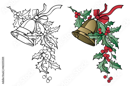 Festive coloring page with bells, red bow and holly berries