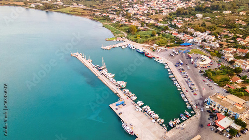 Aerial drone view of the Ionian Sea port of Zakynthos, Greece