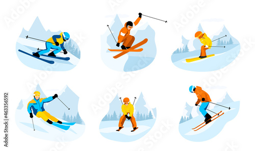 Set of skiers isolated on white background. Skier rides, jumps, slides in mountains. Ski actions: downhill, slalom, freeride, ski jumping, freestyle. Skiing in winter Alps. Vector illustration photo
