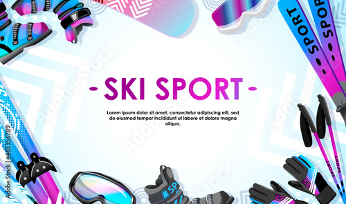 Ski sport poster. Template sale banner for equipment shop, website, rental. Purple, blue, black skies, snowboard, gloves, skiers mask, poles on background. Business card. Vector illustration