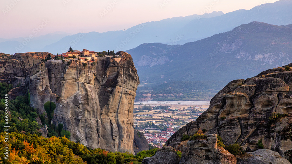Aerial drone view of the Meteora in Greece at sunset