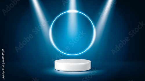 White pedestal or podium on dark background for product demonstration. Vector illustration.