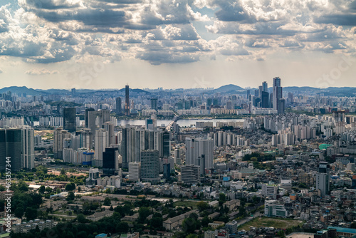 The daytime city view of Seoul, South Korea, filmed with a high angle view.