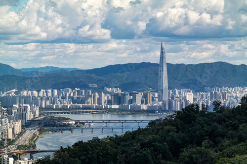 The view of the city in Jamsil, Seoul, South Korea and beautiful Han River.