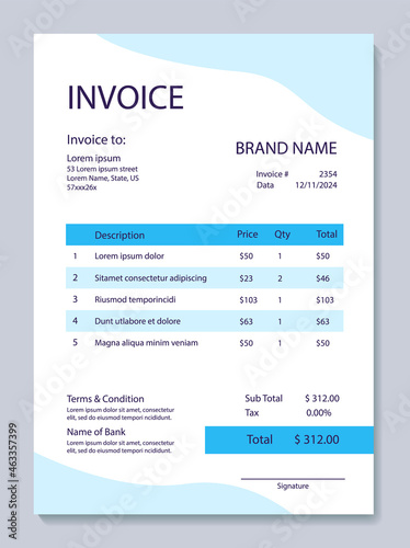 Mental health invoice template. Psychological wellness. Psychiatry receipt and tax. Vector layouts for budget. Bill form business invoice accounting