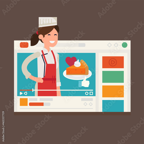 Cooking and gastronomy themed video channel on video sharing web site concept vector flat design illustration with female cook in apron, piece of cake, like and share icons