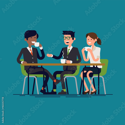 Businessmen having coffee break vector concept illustration in flat design. Business people or colleagues sitting together and drinking coffee or tea having nice chat. Informal table conversation