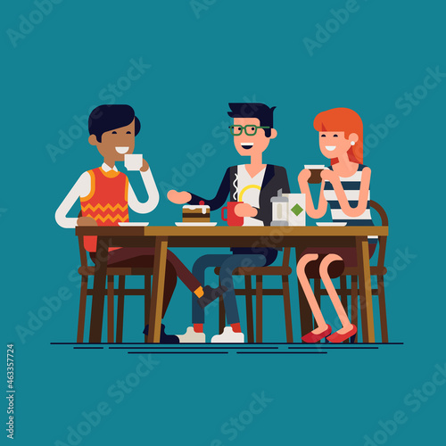 Friends having a good time together at cafe. Flat design vector character design on casually clothed male and female characters drinking coffee or tea and talking to each other. Circle of friends