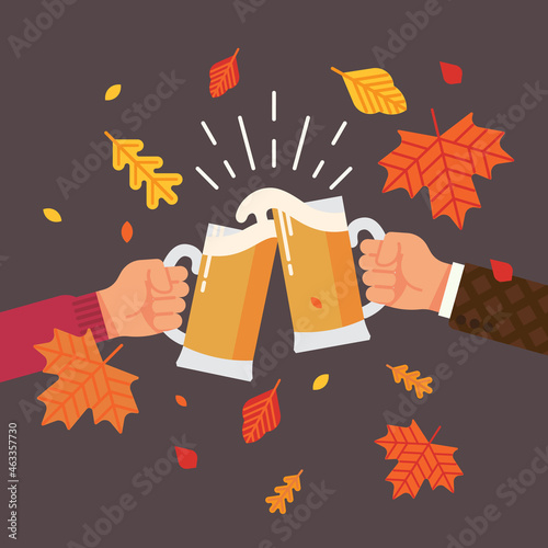 Autumn or fall season beer festival concept illustration with autumn leaves, beer colliding and spilling out with foam. Vector flat design illustration on hands holding beer cheering and celebrating