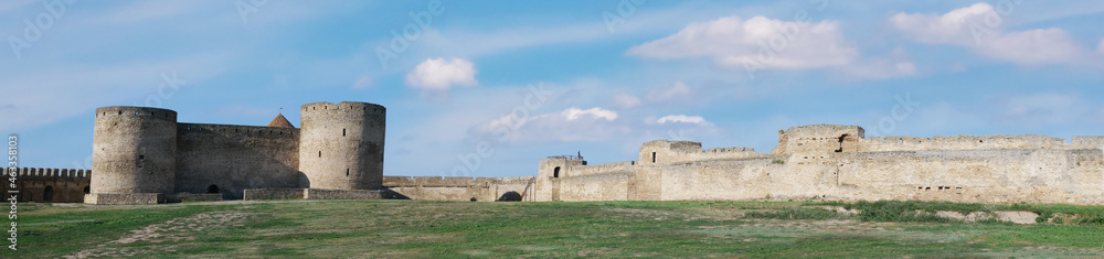 Ruins of the Akkerman Fortress. Panoramic view of Bilhorod-Dnistrovskyi fortress, Ukraine. Exteriors of the fortress on a sunny summer day.
