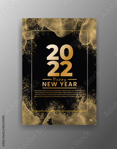 Happy new year 2022 poster or card template with watercolor wash splash 