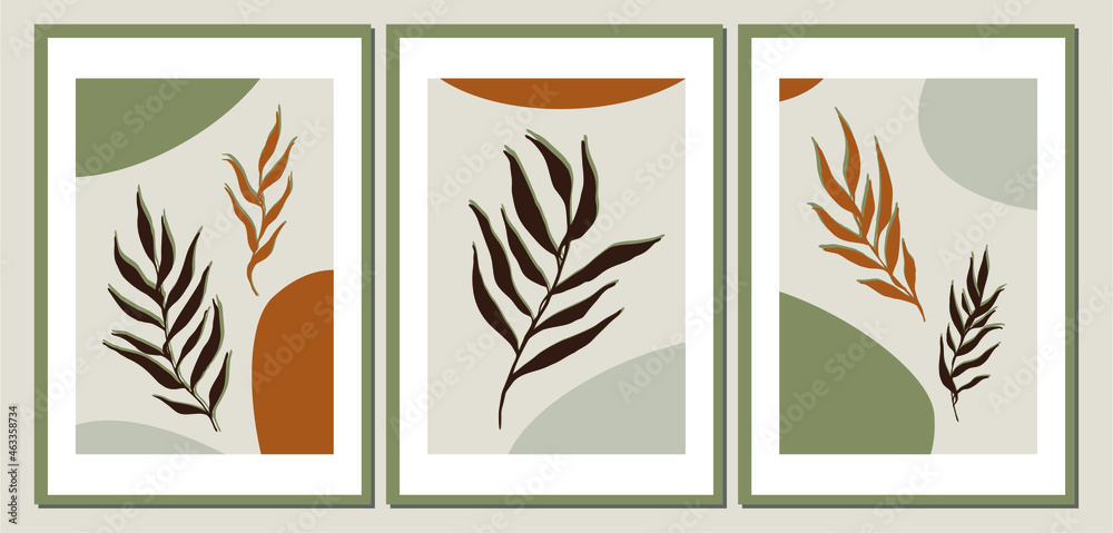 Retro wall art set of 3 printable minimalist print. Abstract geometric leaves. Wall art for bedroom, living room and office decor. Hand draw vector design elements.