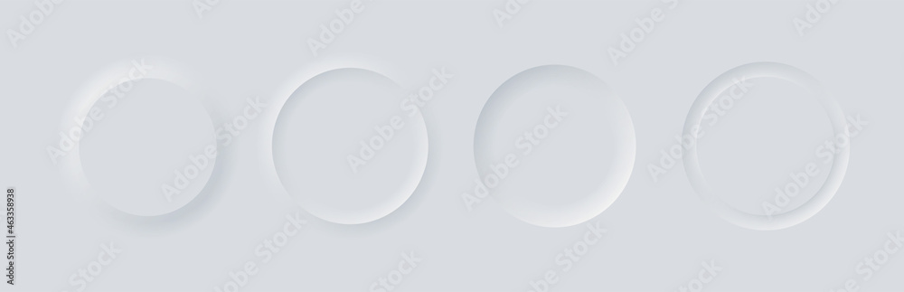 White buttons in neomorphism design style with shadow. 3d ui round button collection for navigation in apps. Neomorphic trendy designs element isolated on background. Vector illustration.
White buttons in neomorphism design style with shadow. 3d ui round button collection for navigation in apps. Neomorphic trendy designs element isolated on background. Vector illustration.