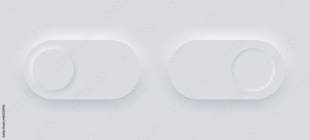 On and of button. Swich white buttons in neomorphism design style with shadow. 3d ui stop and start toggle button for navigation in apps. Neomorphic trendy designs element isolated on background. On and of button. Swich white buttons in neomorphism design style with shadow. 3d ui stop and start toggle button for navigation in apps. Neomorphic trendy designs element isolated on background.