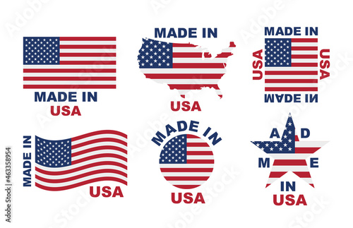 Made in the USA label collection. Composition with American flags and the emblem of American products. Vector illustration.