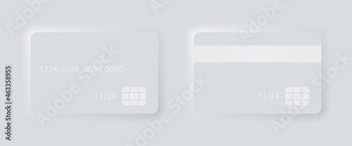 Plastic bank credit card templates in neomorphism design style with shadow. Contactless, wireless payment. Neomorphic trendy designs mockups isolated on background. Vector illustration.
