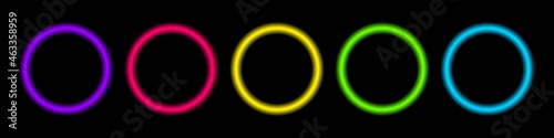 Futuristic neon circles in line art style on black background. Abstract light line set. Bright blank frame. Glowing neon ring. Vector illustration.