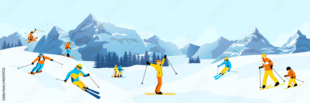 Winter mountain landscape with many different skiers. Happy man, woman with kids ride skies in Alps. Blue sky, tops of rocks on background. Winter sport activities. Skiing resort. Vector illustration - obrazy, fototapety, plakaty 