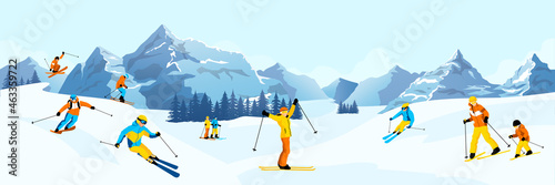 Winter mountain landscape with many different skiers Fotobehang