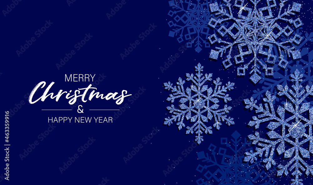 Greeting card for Merry Christmas and Happy New Year 2022. Congratulations are written with elegant white letters on dark blue background and decorated with big sparkle snowflakes. Vector illustration Greeting card for Merry Christmas and Happy New Year 2022. Congratulations are written with elegant white letters on dark blue background and decorated with big sparkle snowflakes. Vector illustration