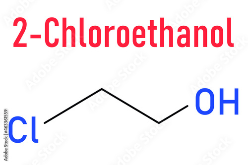 Ethylene chlorohydrin or 2-Chloroethanol molecule. Side product formed during ethylene oxide sterilization. Skeletal formula.