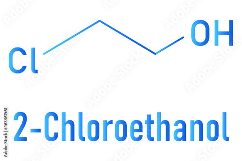 Ethylene chlorohydrin or 2-Chloroethanol molecule. Side product formed during ethylene oxide sterilization. Skeletal formula.