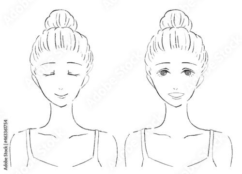目を閉じて開ける　女性の正面顔のイラスト