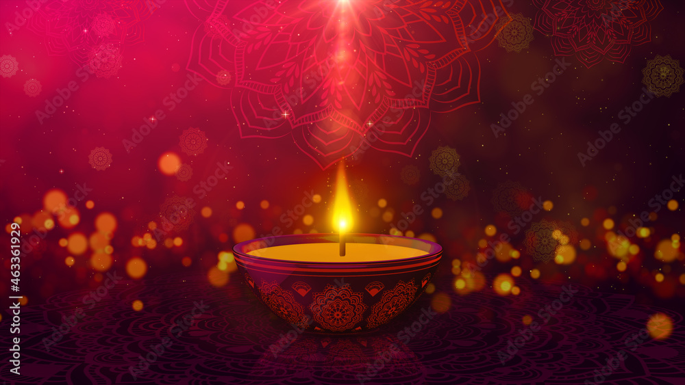 Happy Diwali Indian Holiday Events on a Religious Festival Diwali. Oil Lamp Animation with Bokeh Abstract Background. 3d rendering Happy Diwali Indian Holiday Events on a Religious Festival Diwali. Oil Lamp Animation with Bokeh Abstract Background. 3d rendering