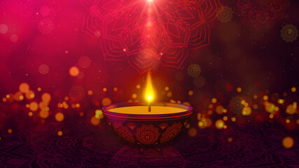 Happy Diwali Indian Holiday Events on a Religious Festival Diwali. Oil Lamp Animation with Bokeh Abstract Background. 3d rendering