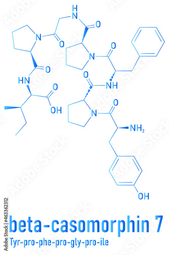 Beta-casomorphin peptide 7 molecule. Breakdown product of casein that may play a role in human diseases. Skeletal formula.