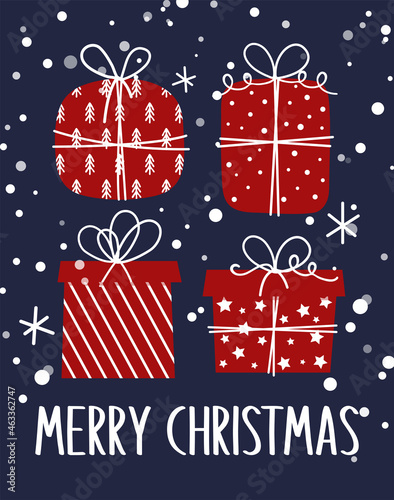 Merry Christmas card with hand drawn gift boxes. Christmas vector illustration