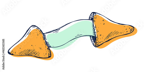 Vector hand drawn chinese fortune cookies isolated on white backgrounds. Food illustration. Crisp cookie with a blank piece of paper inside. For print, web, design, decor, logo.
