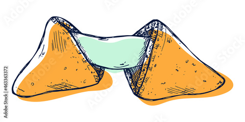 Vector hand drawn chinese fortune cookies isolated on white backgrounds. Food illustration. Crisp cookie with a blank piece of paper inside. For print, web, design, decor, logo.