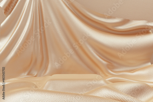 Cosmetic or fashion product display mockup. Fabric gold cloth texture pedestal, abstract showcase textile folds texture background 3d rendering. Object placement elegant podium for advertising banner. photo