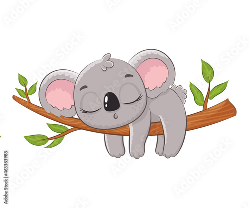 A cute koala sleeps in a tree. Vector illustration of a cartoon.
