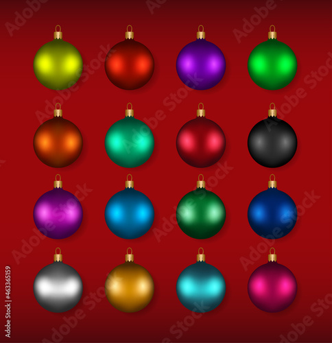 Christmas balls big collection. Set of different coloured Christmas tree toys. Christmas decoration elements. Vector illustration.