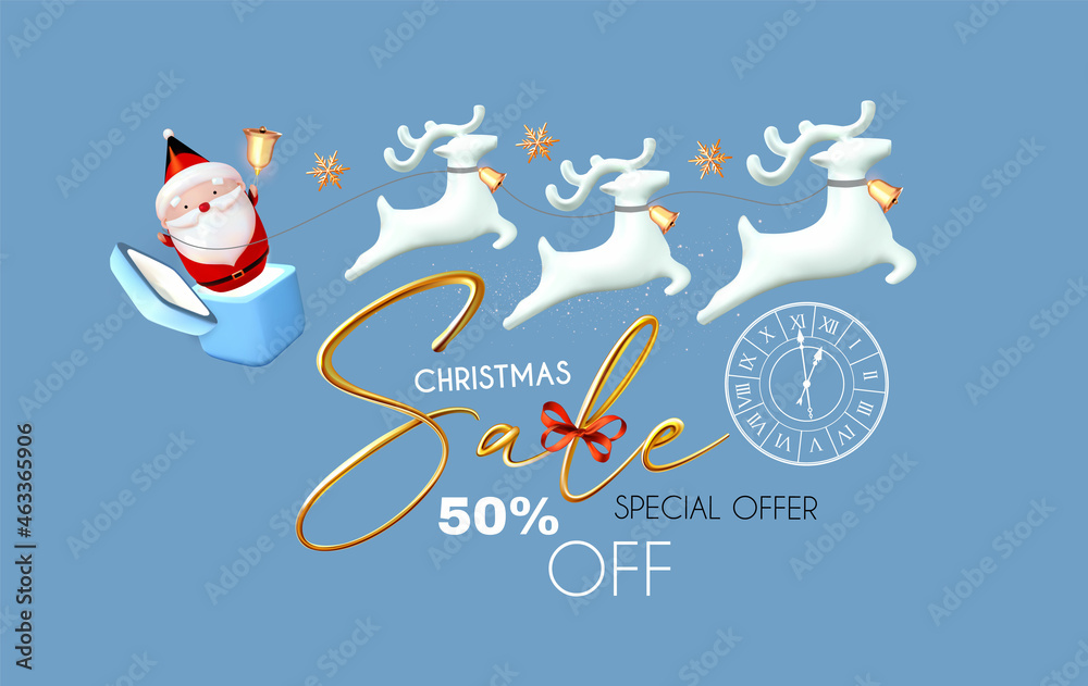Christmas Sale. 3D season offer banner with cute Santa's sleigh. Soft blue 3D design with cute Santa, deers and gift