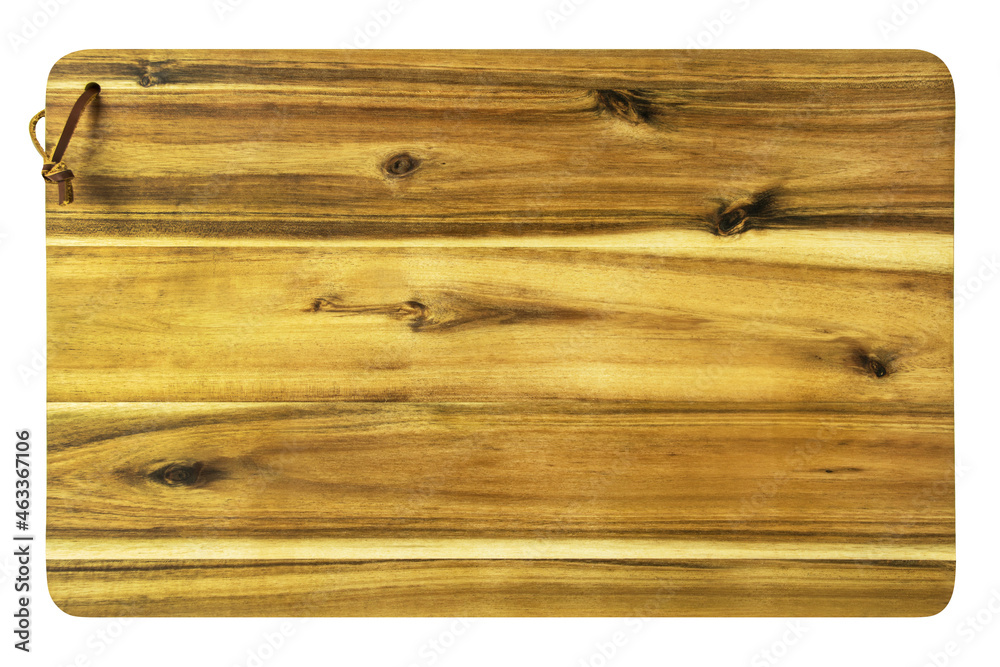 Holzbrett aus Akazienholz auf weissem Hintergrund Acacia
