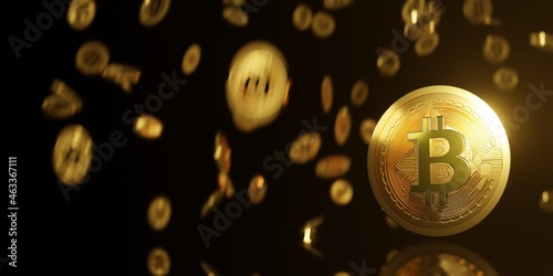 gold bitcoin or BTC and bit coin drop from sky on black background copy space .3D Rendering.