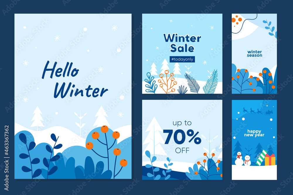 Naklejka premium Flat design winter season collection banner set. Able to use for cover book, banner, brochure, story, social media post and feed template