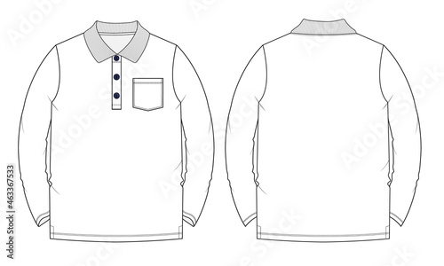 Long sleeve Basic Polo T-shirt With pocket overall technical fashion flat sketch vector Illustration template front and back views. Basic apparel Design Mock up for Kids, boys and men's.
