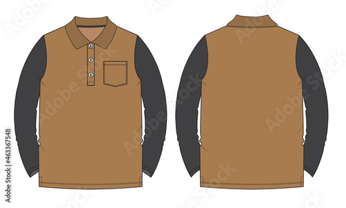Two tone Long sleeve Basic Polo T-shirt With pocket  overall technical fashion flat sketch vector Illustration template front and back views. Basic apparel Design Mock up for Kids, boys and men's.