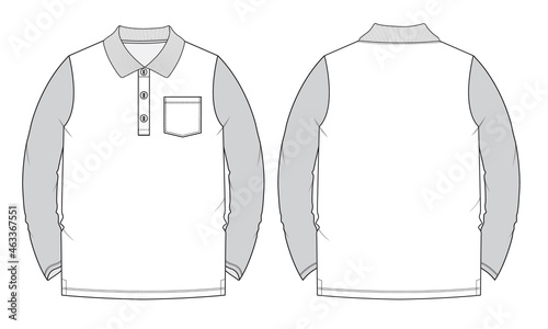 Long sleeve Polo shirt with pocket technical fashion flat sketch vector illustration template front and back views.