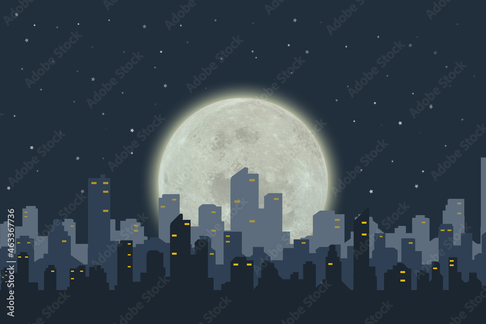 City silhouette with full moon and stars at night